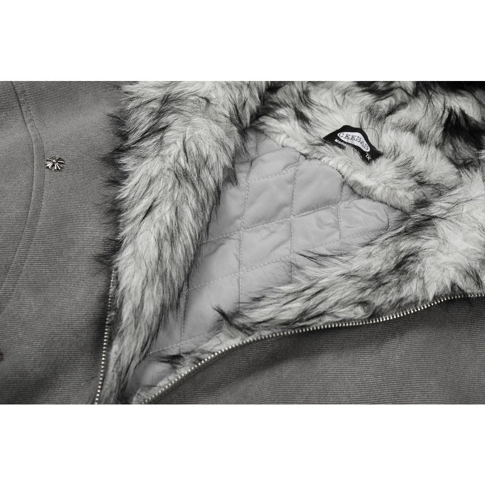 Vintage Washed Faux Fur Hooded Bomber Jacket - Thrashink