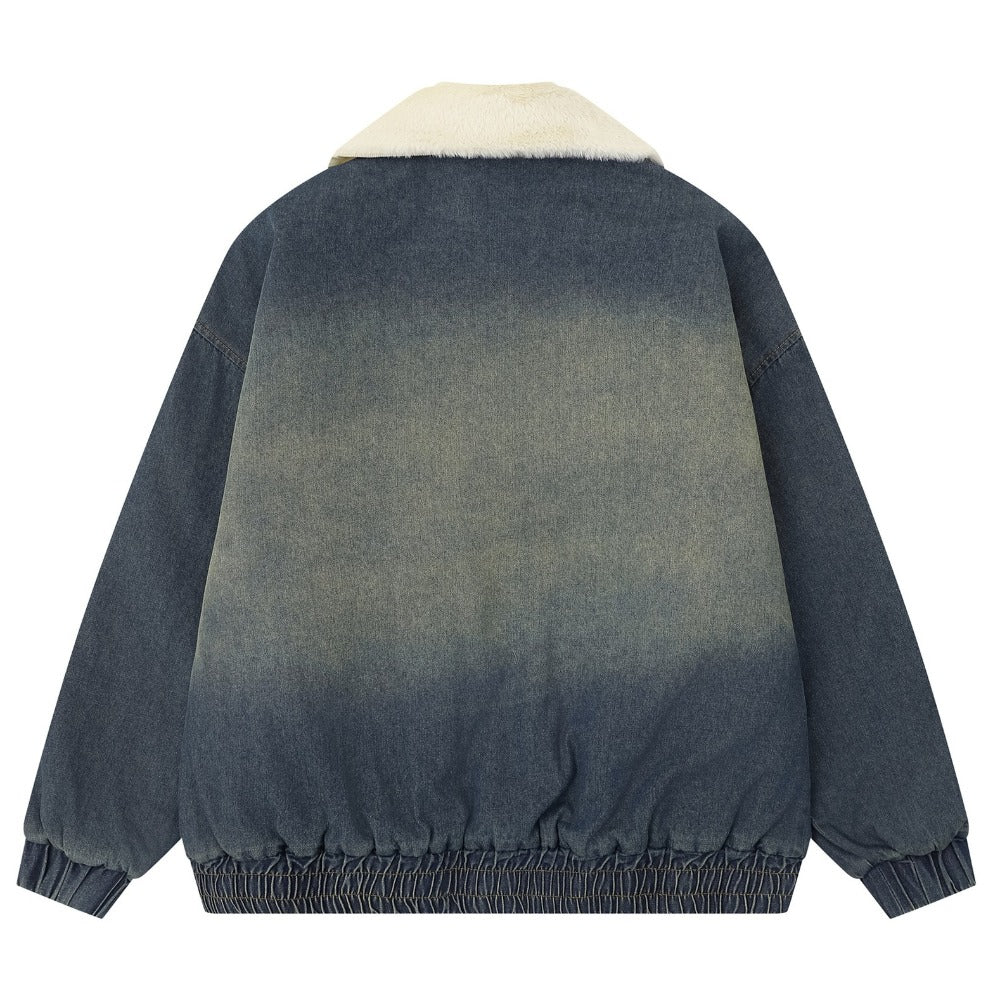 Washed Denim Sherpa Collar Patched Padded Jacket - Thrashink