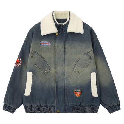 Washed Denim Sherpa Collar Patched Padded Jacket - Thrashink