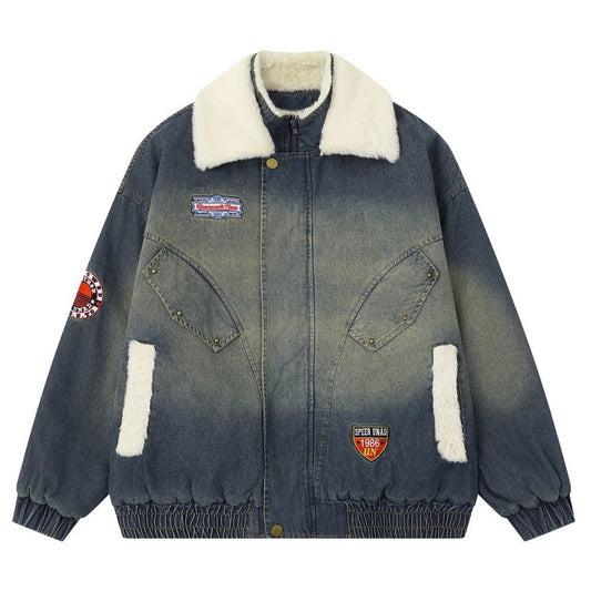 Washed Denim Sherpa Collar Patched Padded Jacket - Thrashink