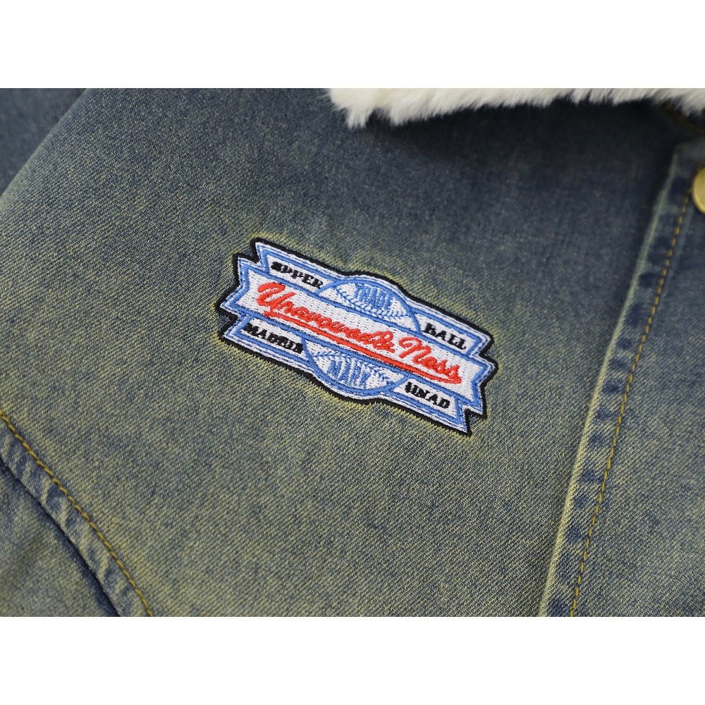 Washed Denim Sherpa Collar Patched Padded Jacket - Thrashink
