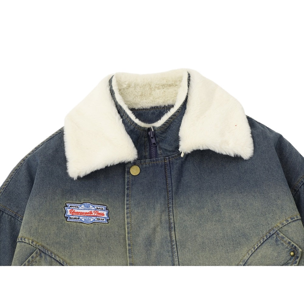 Washed Denim Sherpa Collar Patched Padded Jacket - Thrashink
