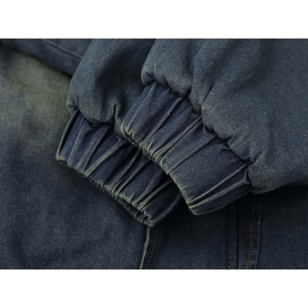 Washed Denim Sherpa Collar Patched Padded Jacket - Thrashink
