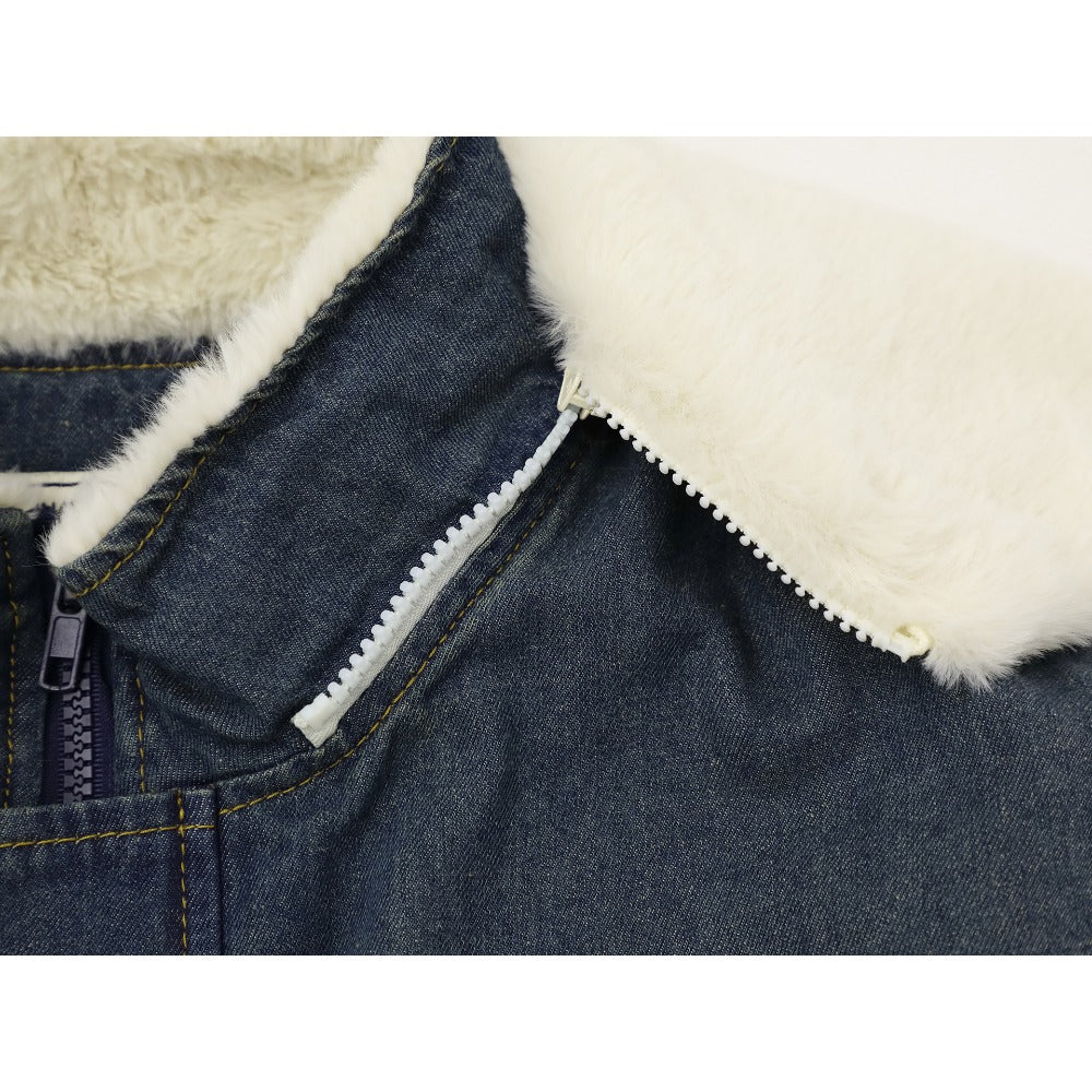 Washed Denim Sherpa Collar Patched Padded Jacket - Thrashink