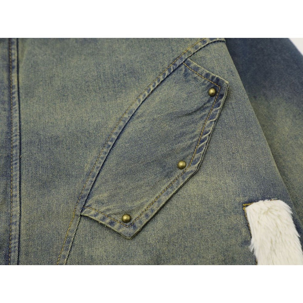 Washed Denim Sherpa Collar Patched Padded Jacket - Thrashink