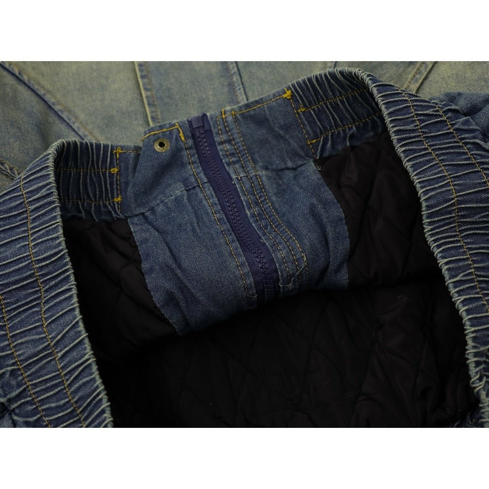 Washed Denim Sherpa Collar Patched Padded Jacket - Thrashink