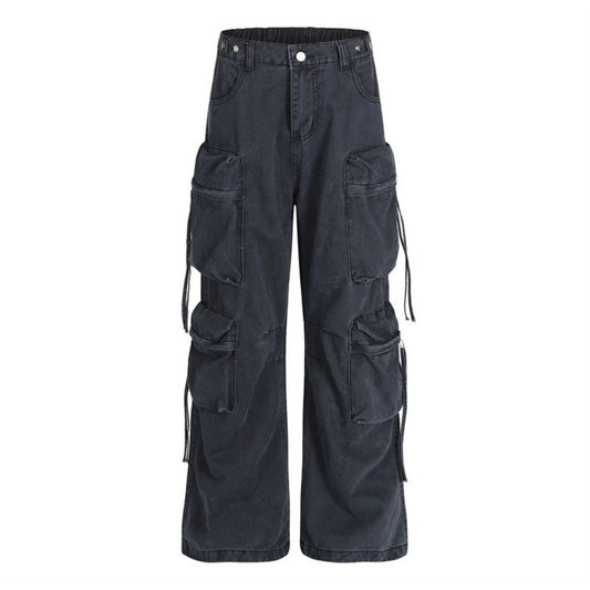Washed Distressed 3D Bagged Cargo Pants - Thrashink