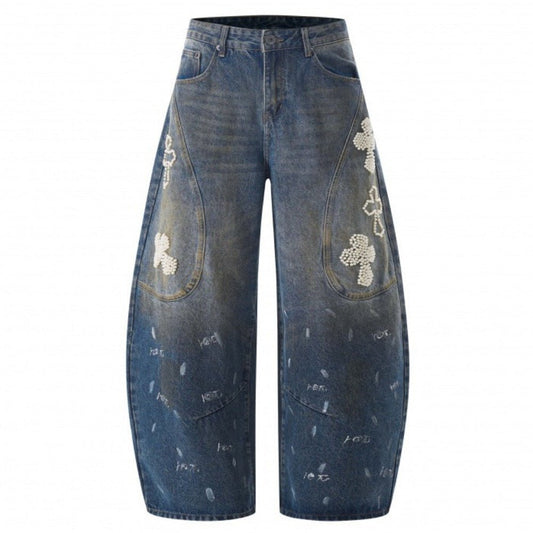 Washed Distressed Beaded Cross Jeans - Thrashink