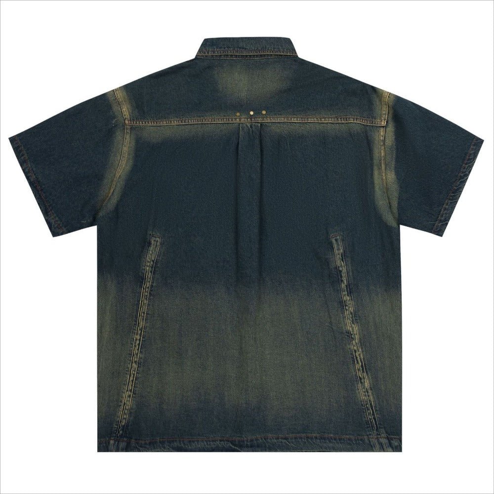 Washed Distressed Rivet Denim Shirt - Thrashink