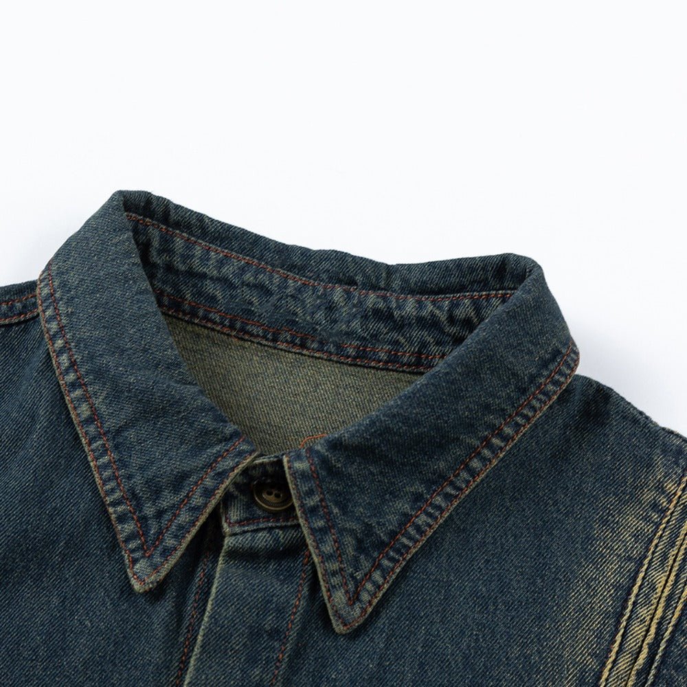 Washed Distressed Rivet Denim Shirt - Thrashink