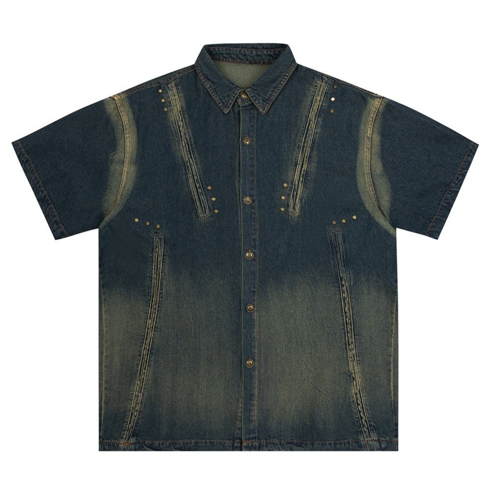 Washed Distressed Rivet Denim Shirt - Thrashink