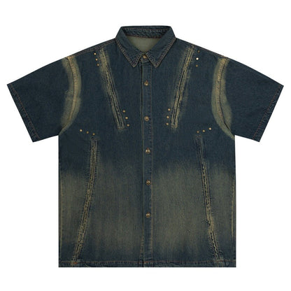 Washed Distressed Rivet Denim Shirt - Thrashink