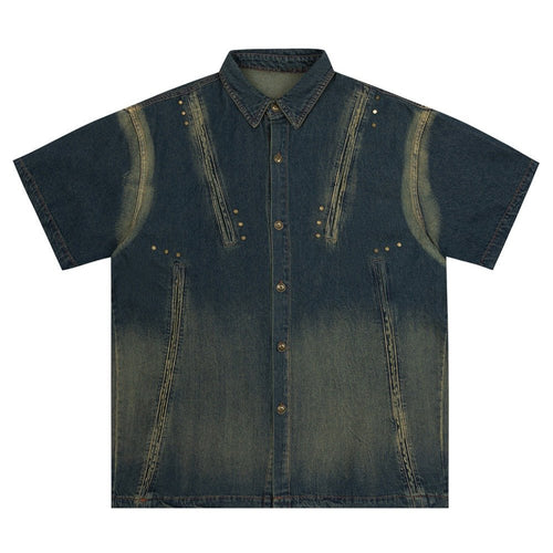 Washed Distressed Rivet Denim Shirt - Thrashink
