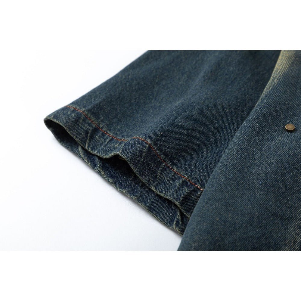 Washed Distressed Rivet Denim Shirt - Thrashink