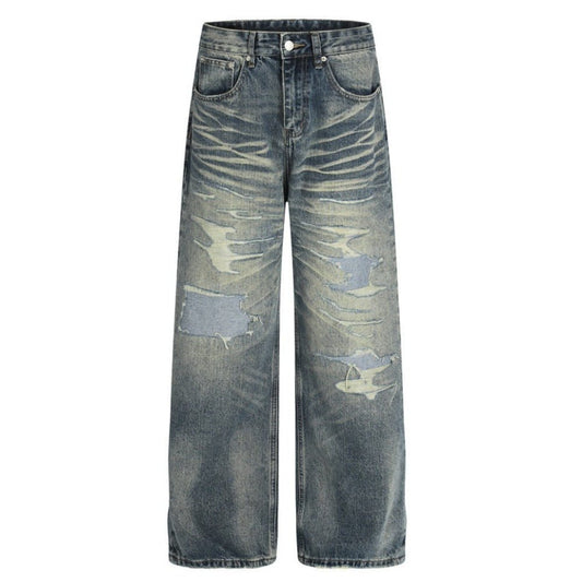 Washed Faux - ripped Wide - leg Jeans - Thrashink