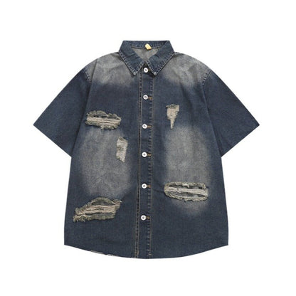 Washed Ripped Denim Shirts - Thrashink