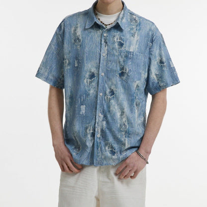 Washed Tie - dye Denim Shirt - Thrashink