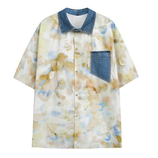 Watercolor Print Denim Short - Sleeve Shirt - Thrashink