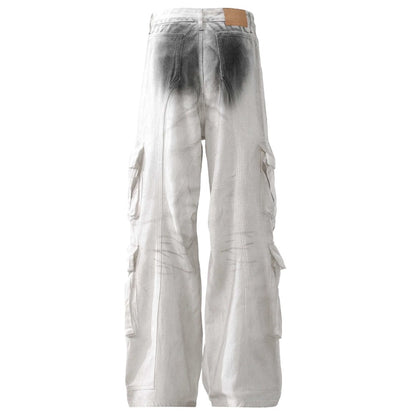 White Gradient Distressed Loose Cargo Pants - Thrashink