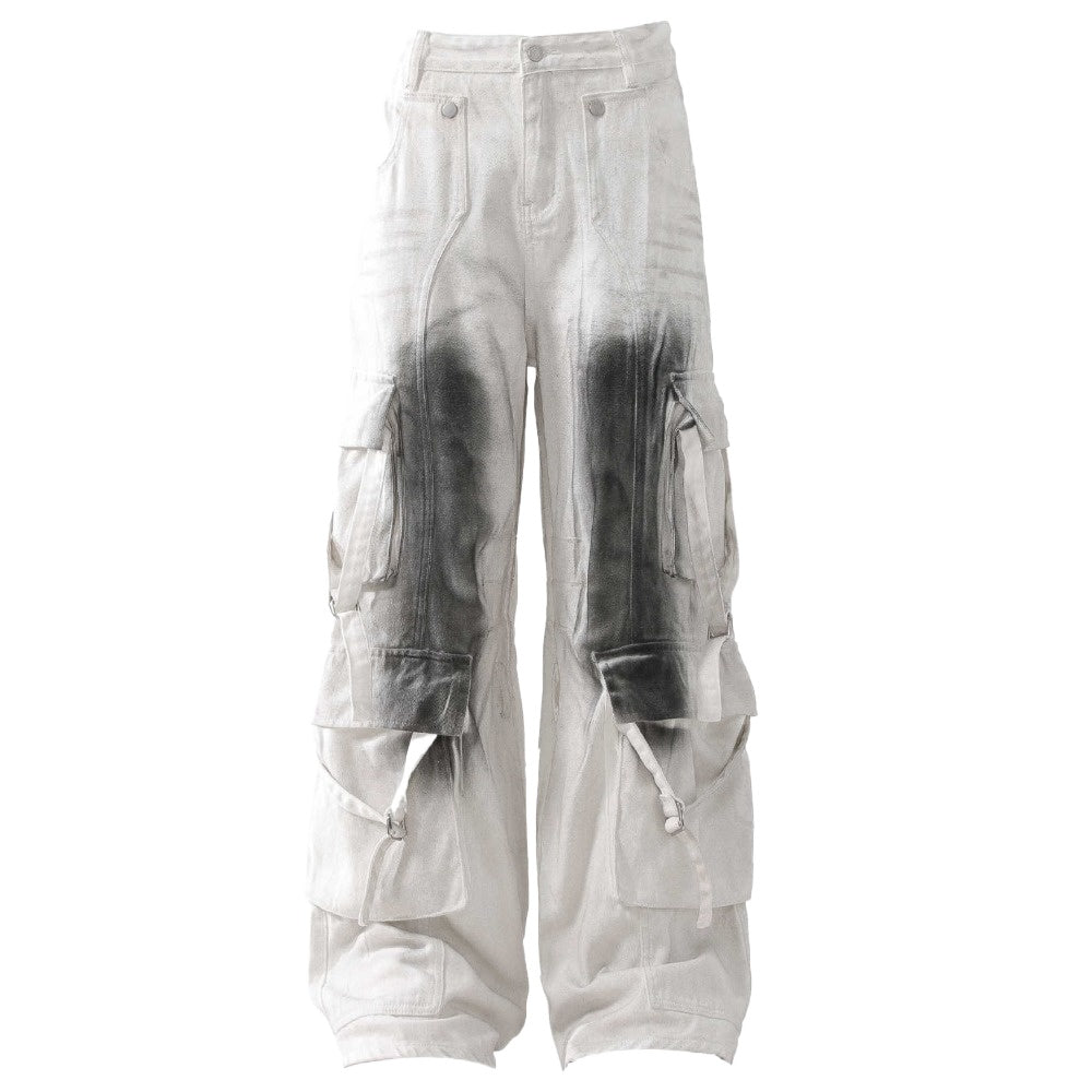 White Gradient Distressed Loose Cargo Pants - Thrashink