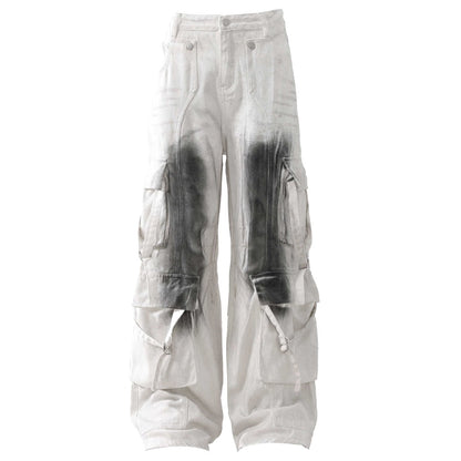 White Gradient Distressed Loose Cargo Pants - Thrashink