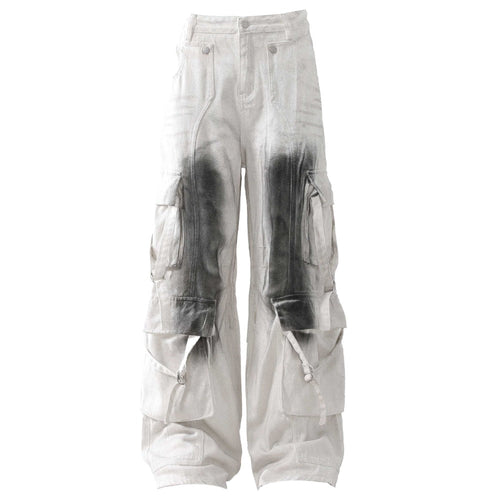 White Gradient Distressed Loose Cargo Pants - Thrashink