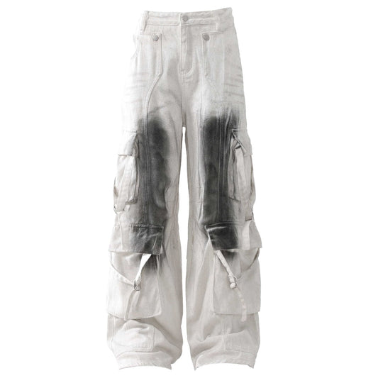 White Gradient Distressed Loose Cargo Pants - Thrashink