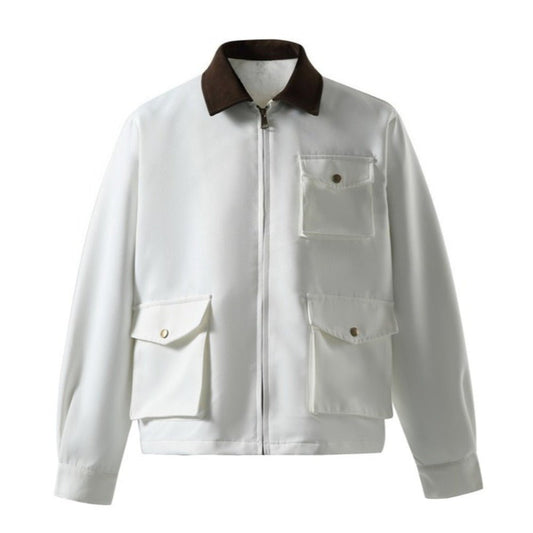 White Multi - Pocket Contrast Lapel Jacket - Thrashink