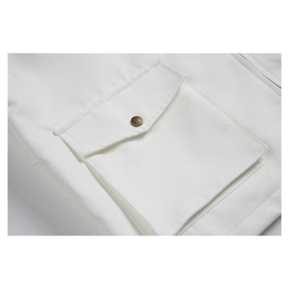 White Multi - Pocket Contrast Lapel Jacket - Thrashink