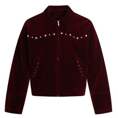 Wine Velvet Pearl - Embellished Jacket - Thrashink