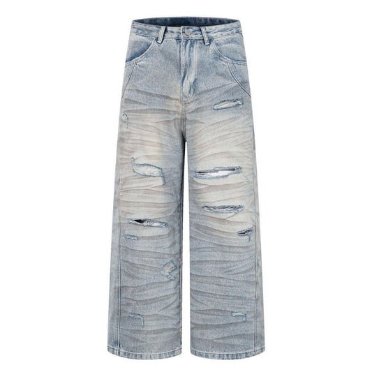 Wrinkled Ripped Light Wash Jeans - Thrashink