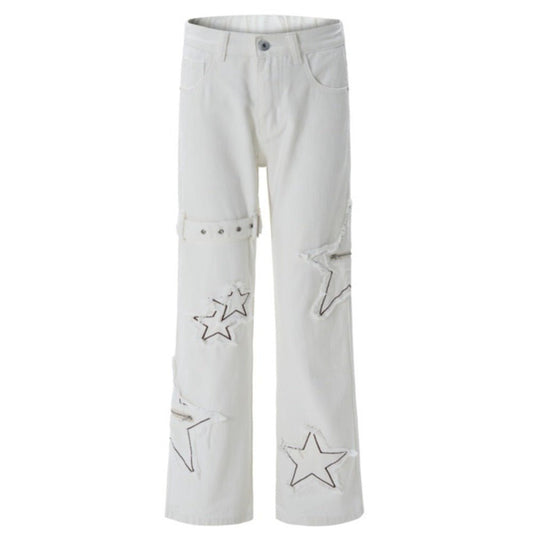 Y2K Star Pattern Zip & Buckle Flared Jeans - Thrashink